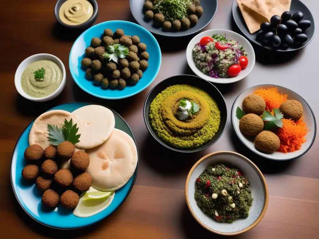 Una mesa de cocina vegana Medio Oriente rebosante de sabores, con falafel, hummus, tabbouleh y pan de pita fresco