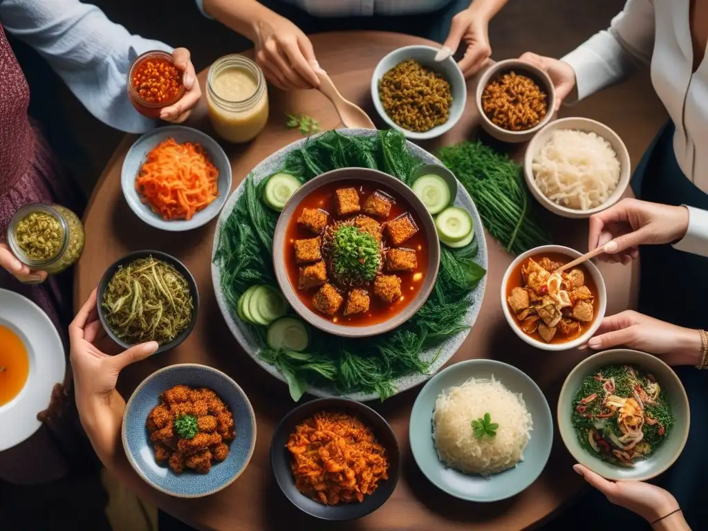 Una mesa colorida y diversa con personas disfrutando alimentos fermentados veganos, simbolizando salud y comunidad