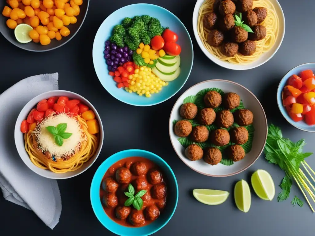 Una mesa colorida con opciones de cena vegana para niños, divertidas y deliciosas