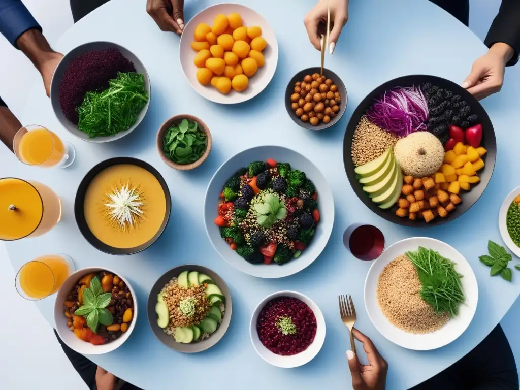 Una mesa colorida con personas disfrutando de deliciosa comida vegana