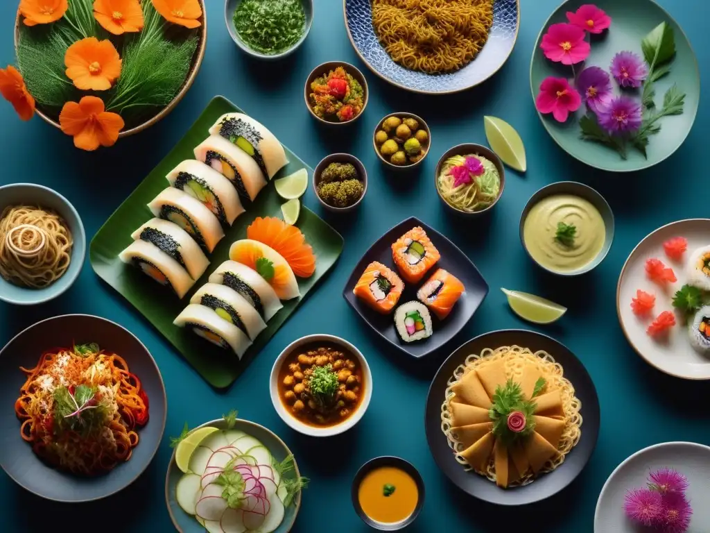 Una mesa colorida con platillos veganos de diversas culturas, fusionando sabores y tradiciones