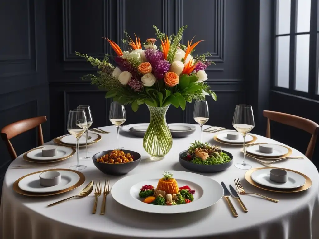 Una mesa de comedor lujosamente decorada con exquisitas cenas veganas de lujo en un ambiente exclusivo y refinado