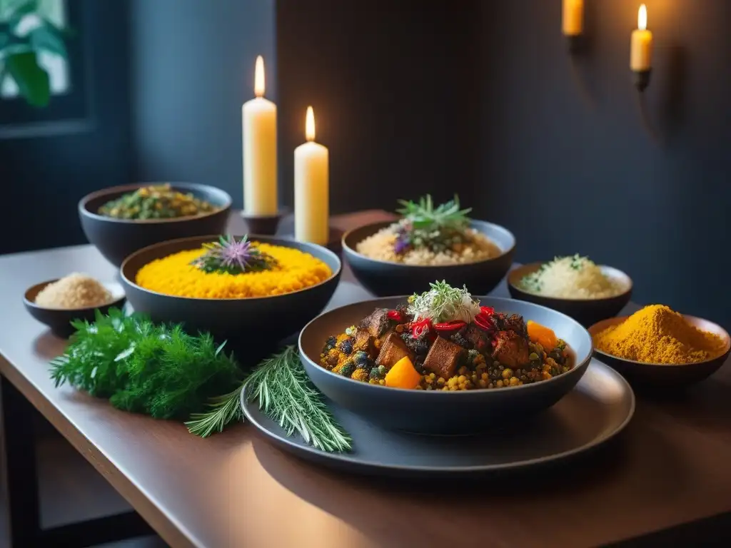 Una mesa de comedor exquisitamente decorada con platillos veganos ayurvédicos para todas las estaciones, creando una experiencia culinaria consciente