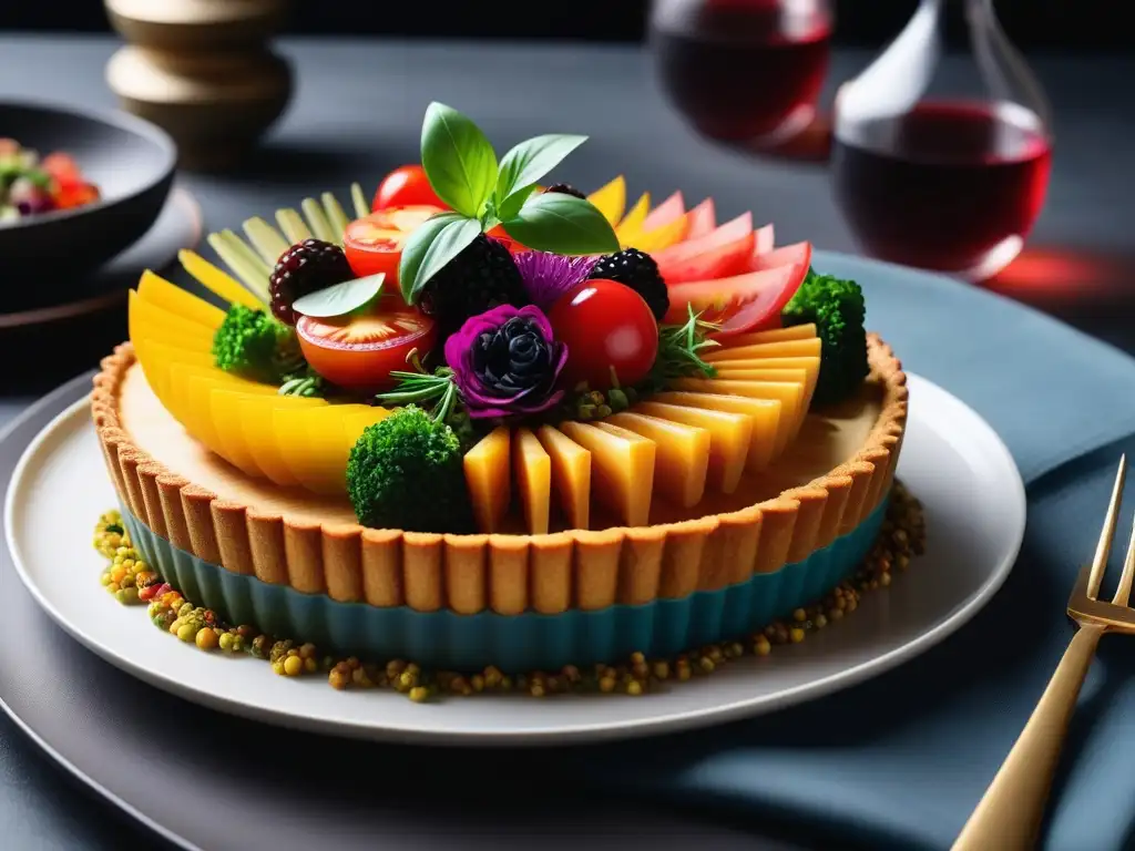 Una mesa de comedor moderna y lujosa, repleta de platos veganos bellamente diseñados