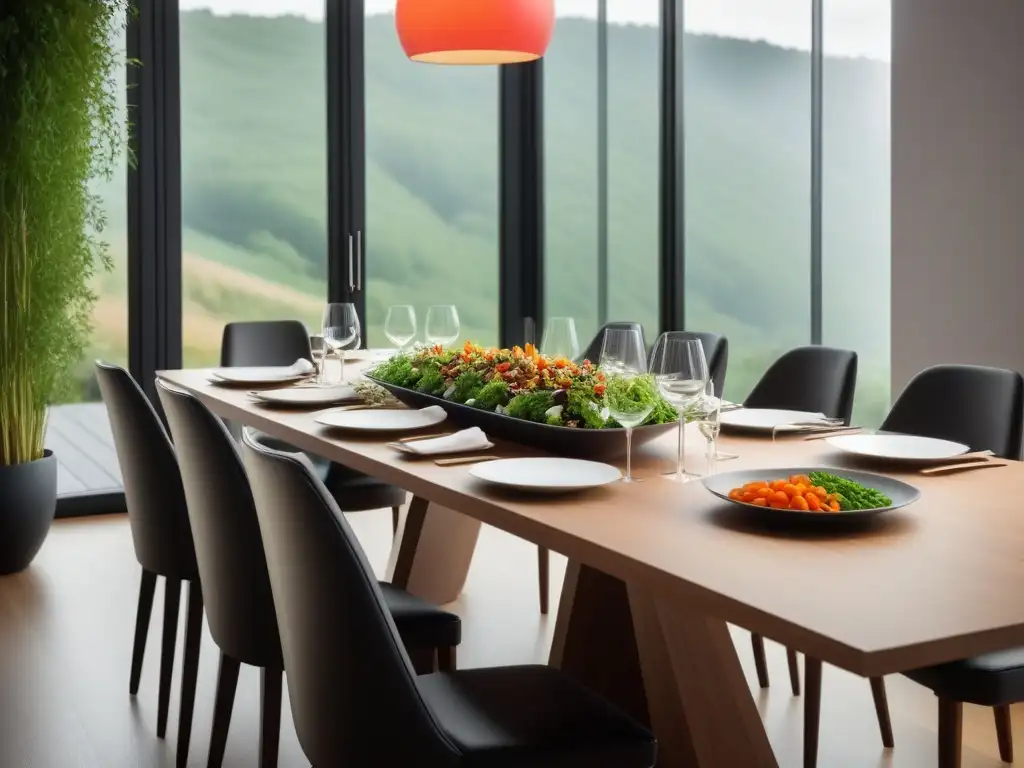 Una mesa de comedor con platillos veganos coloridos y saludables, bañada por luz natural