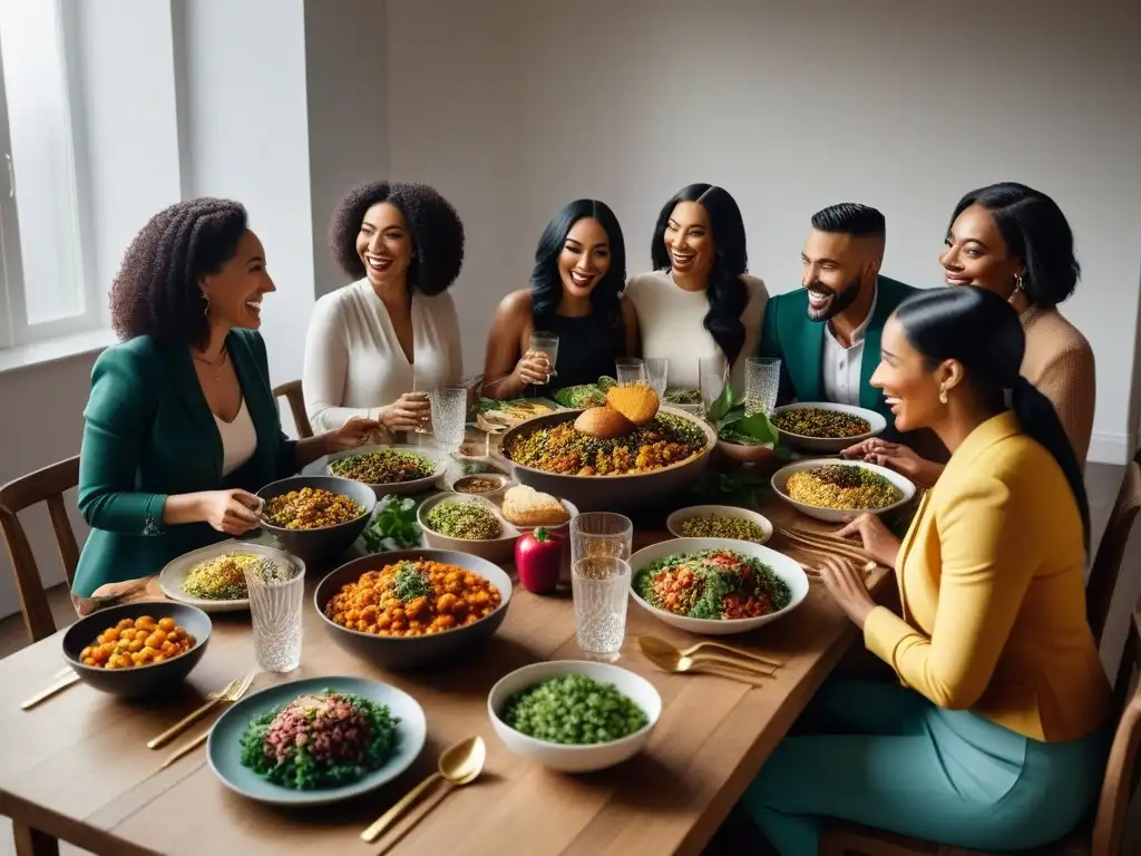 Una mesa de comensales de diferentes generaciones disfrutando de una comida vegana, unidos por el veganismo uniendo generaciones cocina