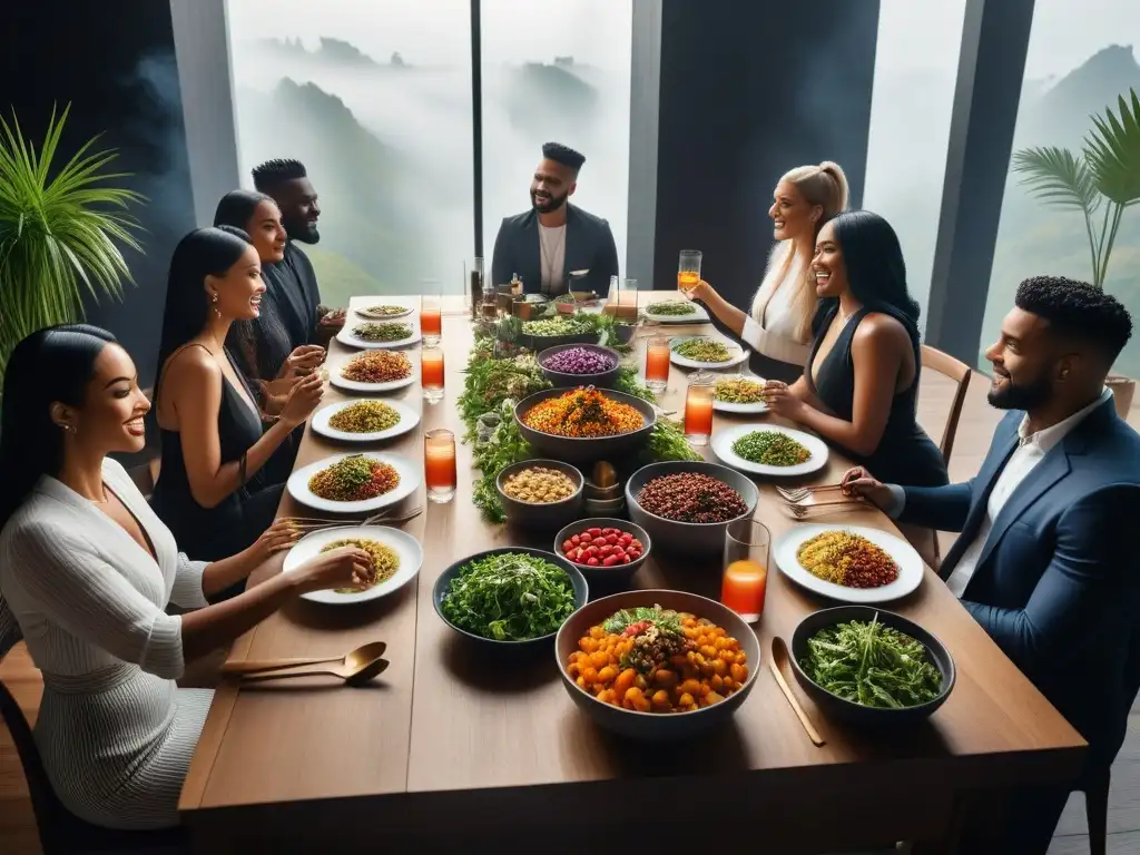 Una mesa comunal colorida con platos veganos de todo el mundo