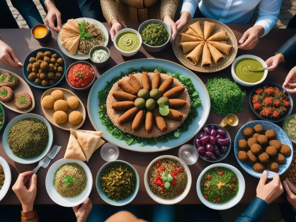 Una mesa comunal rebosante de platos veganos tradicionales del Medio Oriente, rodeada de personas diversas celebrando juntas