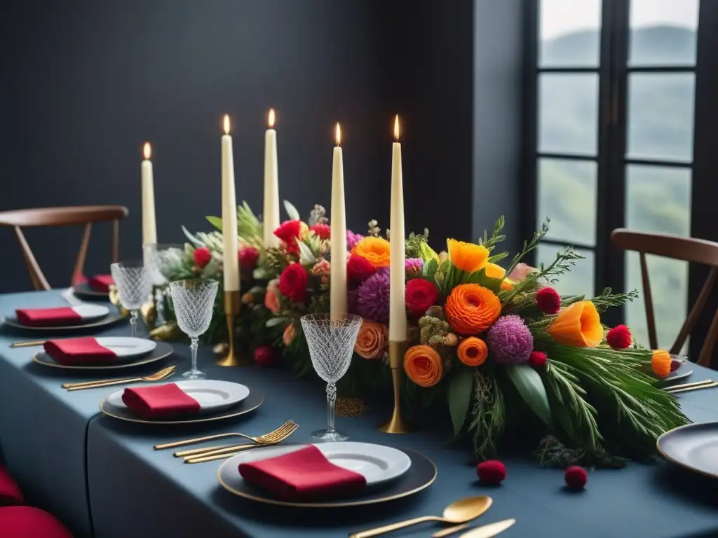 Una mesa bellamente decorada para una celebración vegana, con platos coloridos, copas elegantes, flores frescas y velas