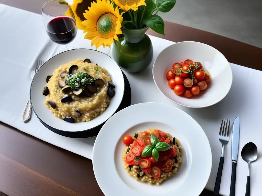 Una mesa exquisitamente decorada para una Cena Italiana Vegana Sin Gluten, con platos coloridos y un centro de girasoles vibrantes