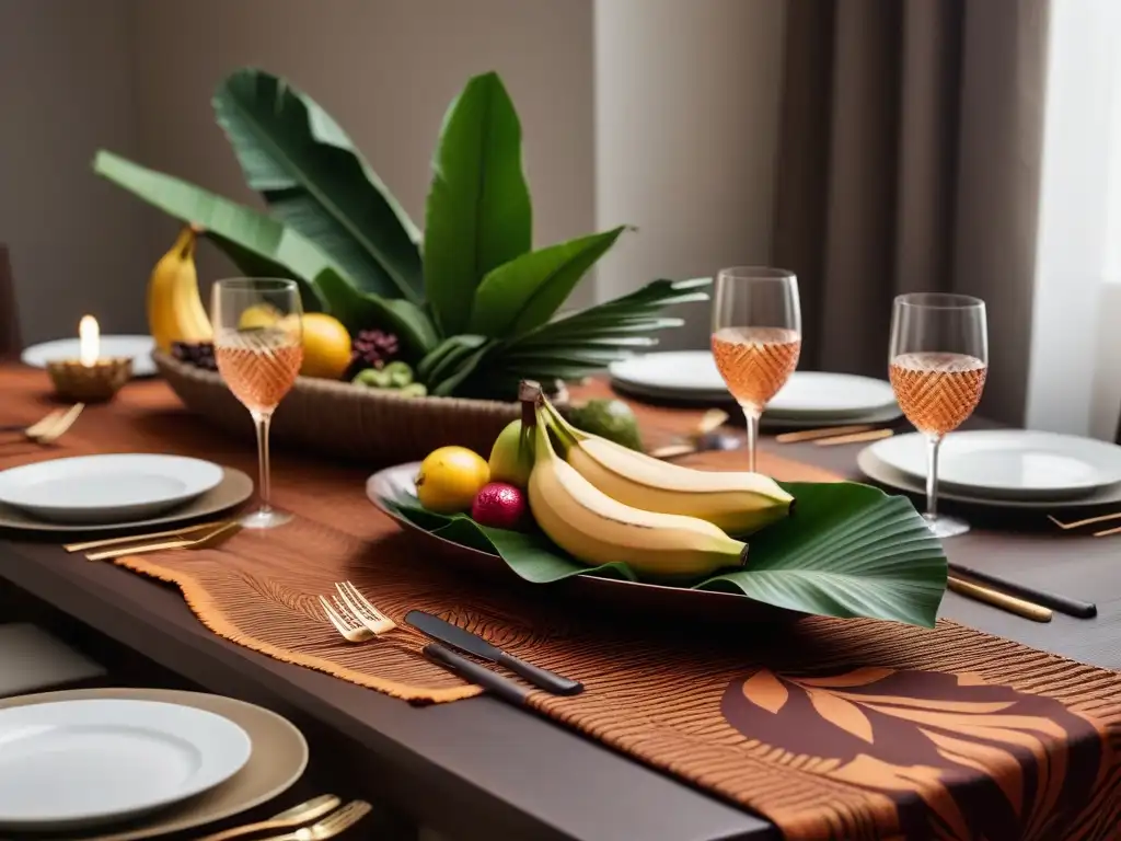 Una mesa exquisitamente decorada para una cena vegana inspirada en África, con vibrantes manteles de tela Ankara, vajilla de cerámica artesanal con patrones tribales, individuales de hojas de plátano tejidas y un centro de mesa con frutas exóticas y botánicos secos en ton