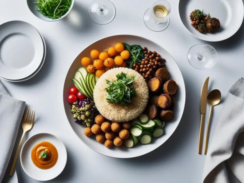 Una mesa elegantemente decorada para una cena vegana, con platos coloridos y ambiente acogedor