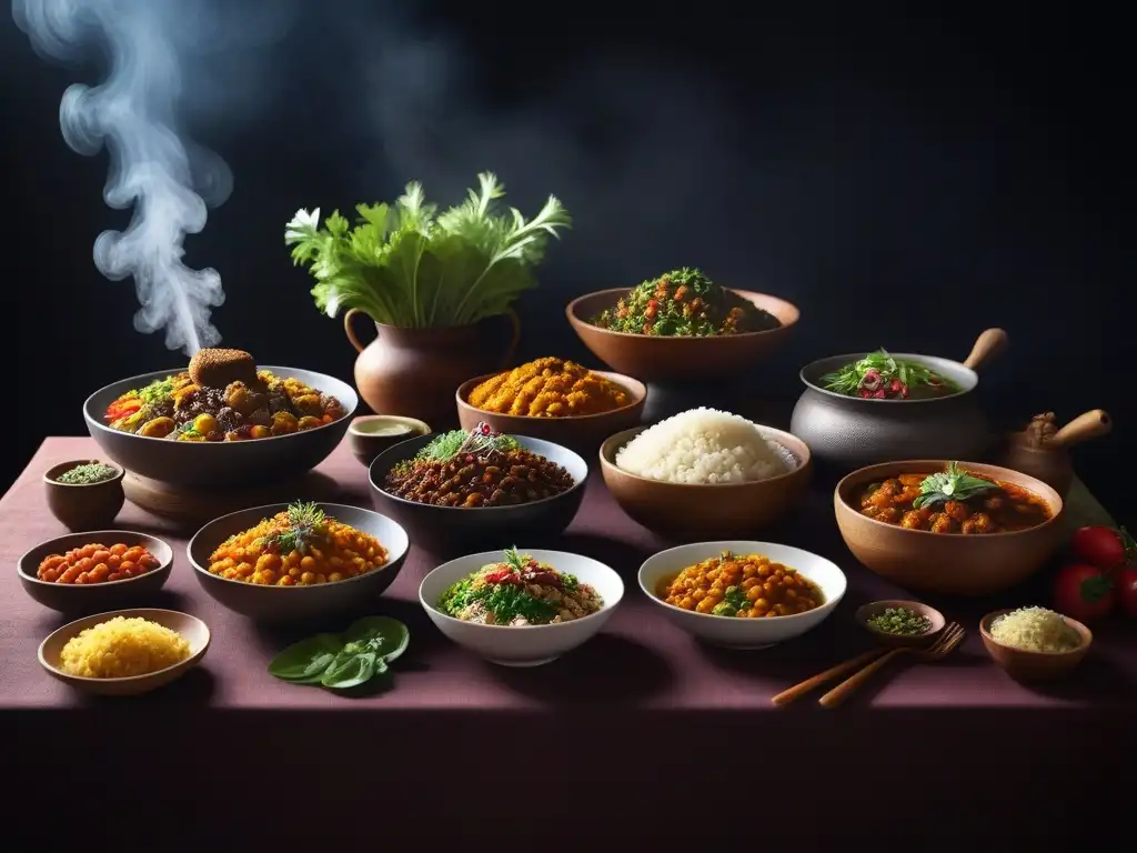 Una mesa exquisitamente decorada con coloridos y vibrantes platos veganos ancestrales de todo el mundo, resaltando la diversidad cultural y riqueza nutricional del veganismo