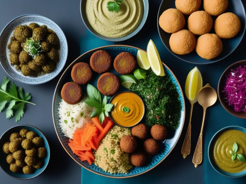 Una mesa bellamente decorada con comida vegana de Medio Oriente, fusionando tradición e innovación