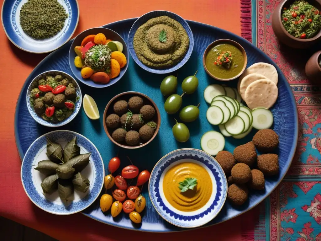 Una mesa decorada con exquisitos platillos veganos del Medio Oriente, en una celebración festiva