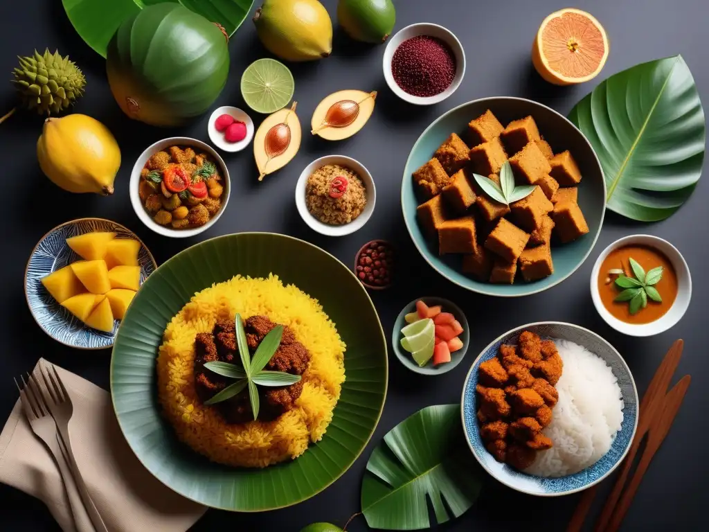 Una mesa exquisitamente decorada con un festín vegano malasio, resaltando la diversidad culinaria del Sudeste Asiático