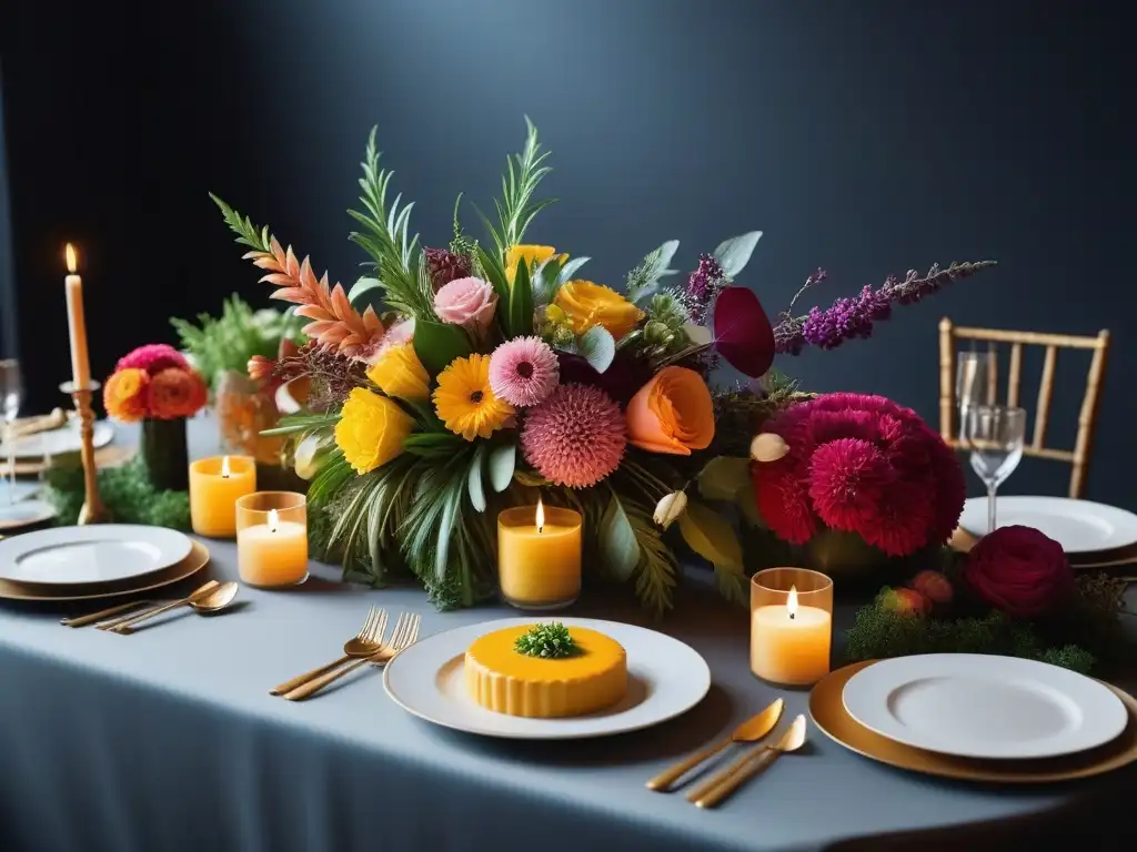 Una mesa exquisitamente decorada en una fiesta vegana, con platos coloridos y apetitosos