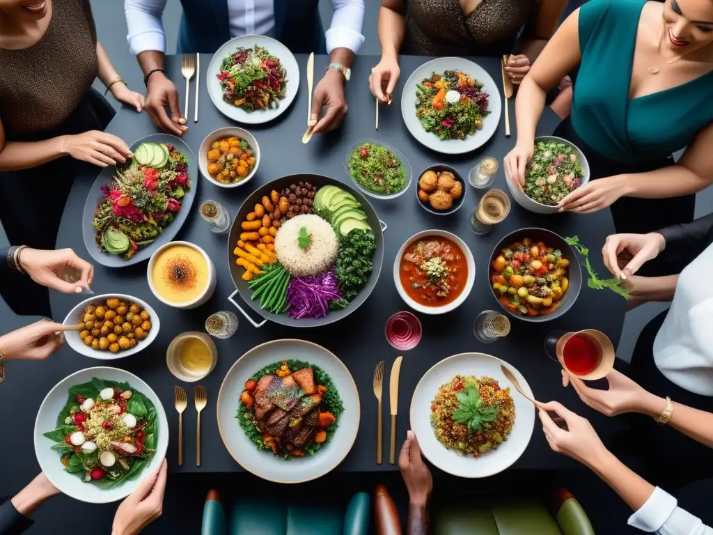 Una mesa exquisitamente decorada con platos veganos coloridos y deliciosos, rodeada de personas diversas y alegres