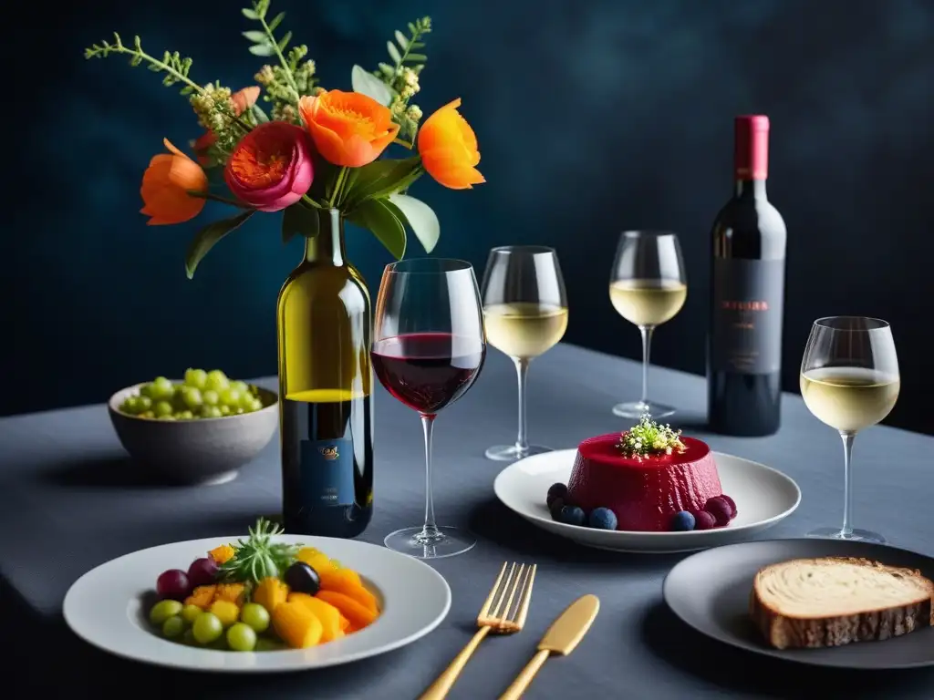 Una mesa elegantemente decorada con platos veganos y vinos veganos, creando un ambiente sofisticado para maridajes vinos veganos cocina vegana