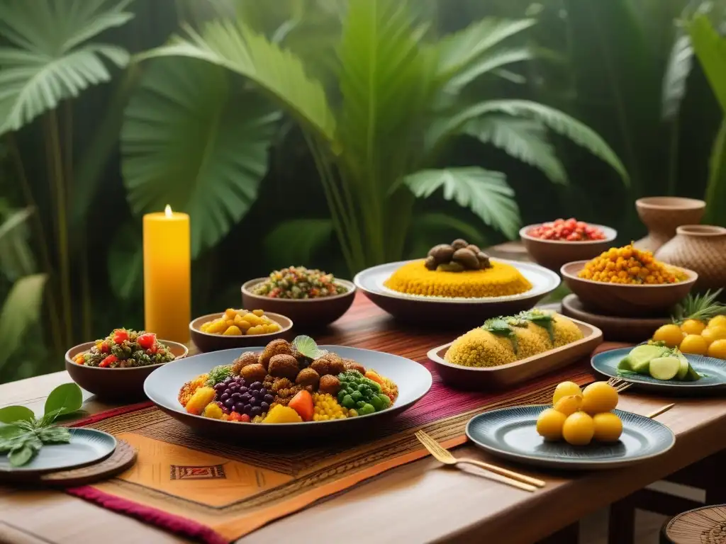 Una mesa exquisitamente decorada con platos veganos inspirados en África, rodeada de vegetación y luz cálida