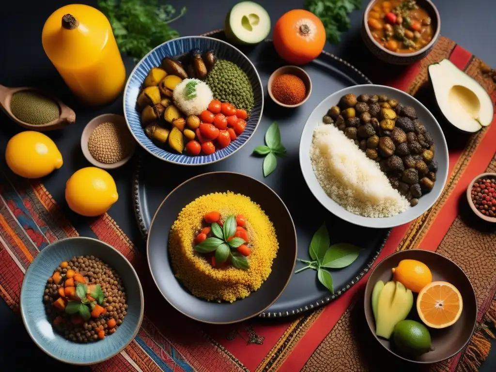 Una mesa bellamente decorada con platos veganos inspirados en África, resaltando la diversidad y el arte culinario africano