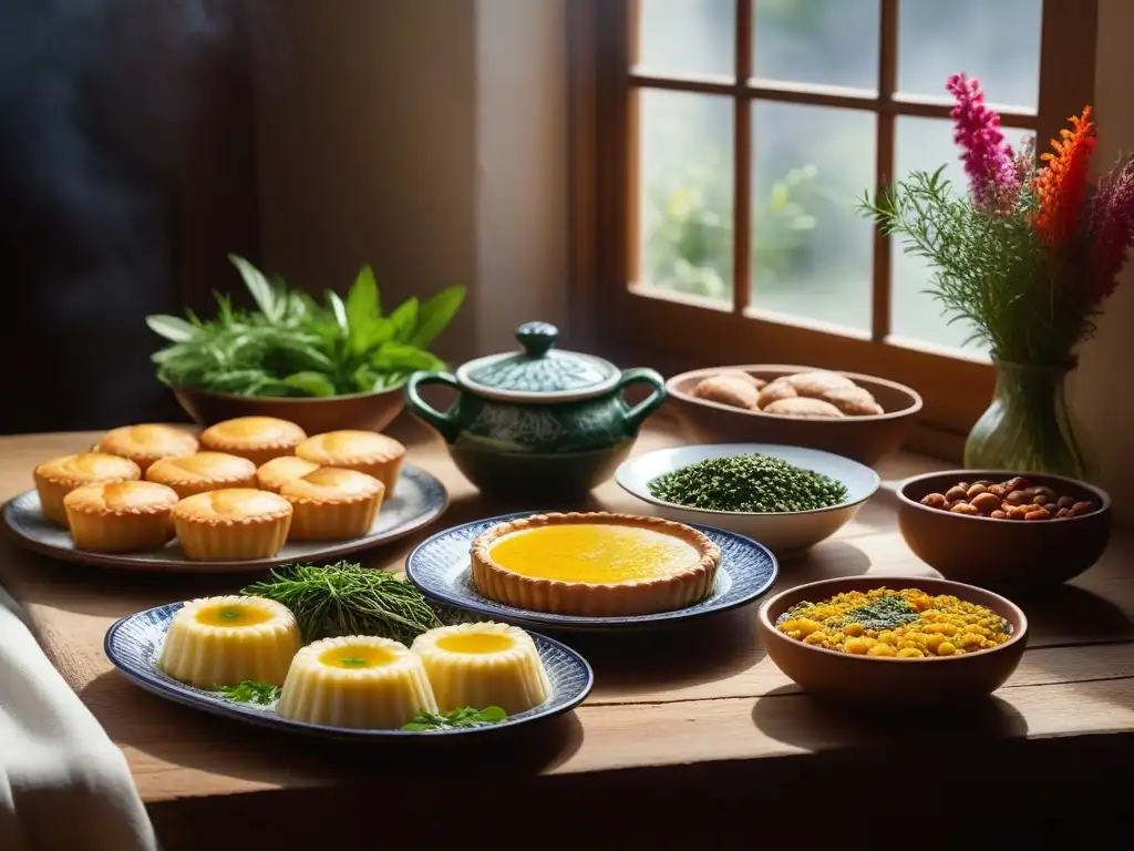 Una mesa bellamente decorada con platos veganos portugueses rodeados de hierbas frescas y flores coloridas, creando una escena apetitosa y vibrante