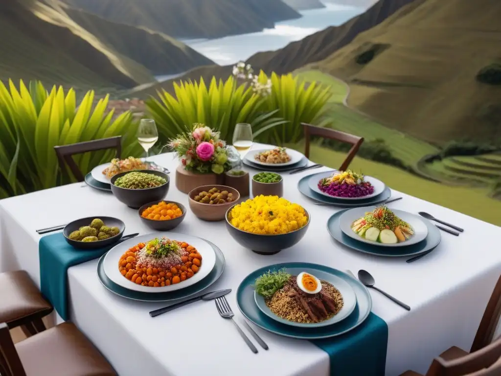 Una mesa lujosamente decorada en un retiro vegano de lujo en Perú, con platos coloridos y elegante vajilla