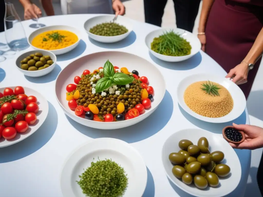 Una mesa bellamente decorada en un taller de cocina vegana en Grecia, con platos coloridos e ingredientes mediterráneos