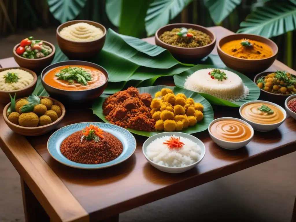 Una mesa bellamente decorada con vibrantes platos veganos de África Oriental