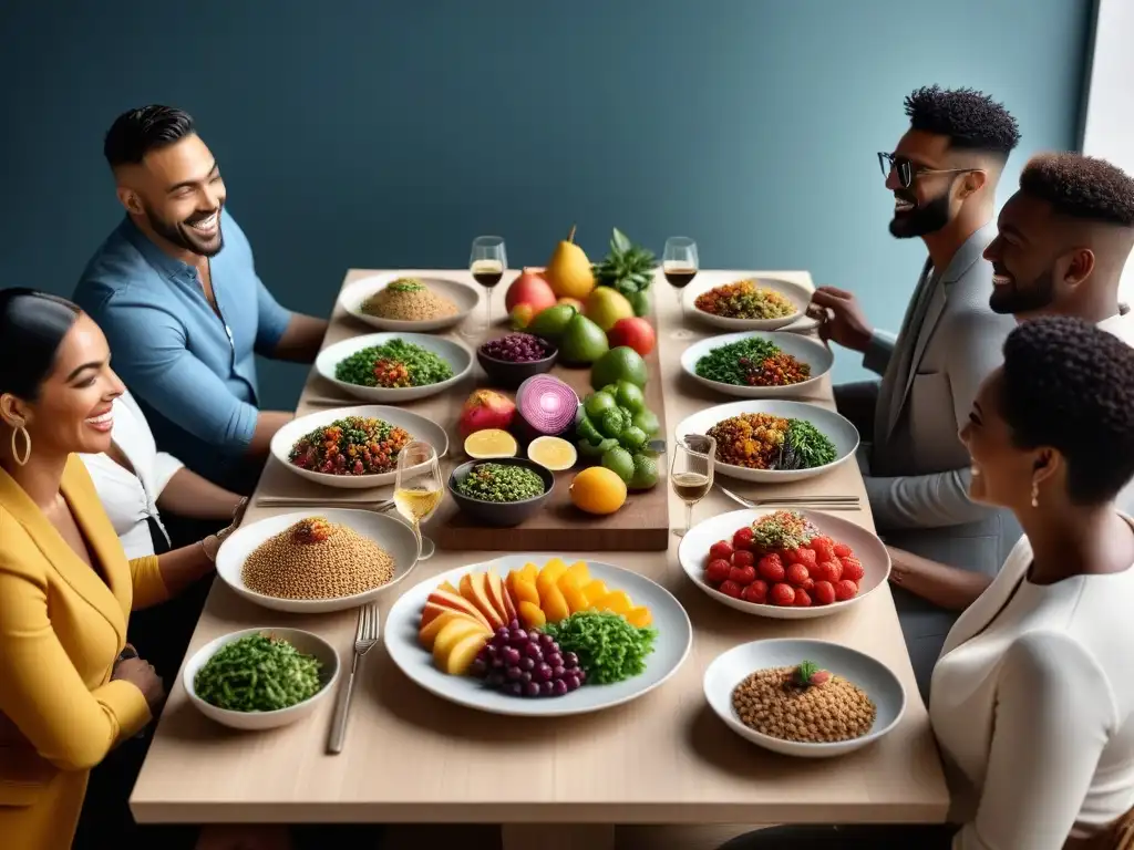 Una mesa diversa y colorida con personas de distintas edades y etnias disfrutando de una comida vegana, rompiendo prejuicios