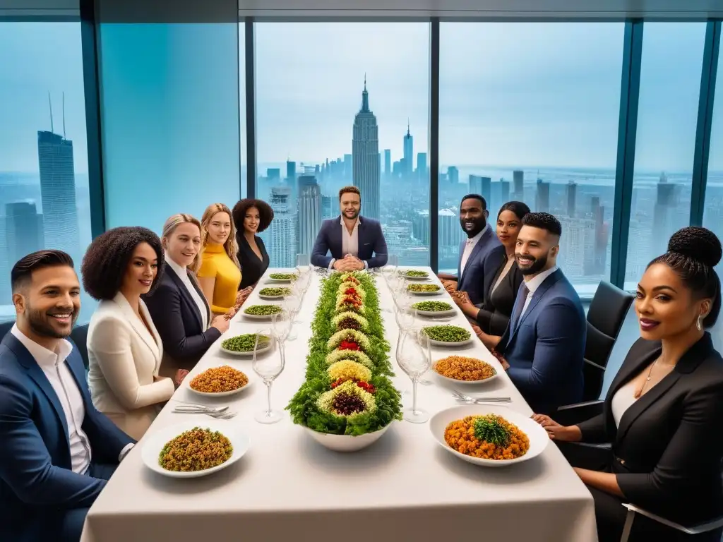 Una mesa elegante con activistas y políticos, disfrutando de platillos veganos en un ambiente moderno y luminoso