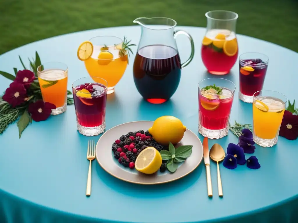 Una mesa elegante con bebidas veganas coloridas y frescas, perfecta para una Cena Italiana Vegana Sin Gluten