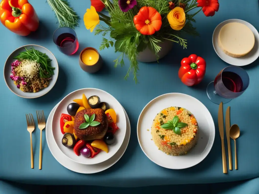 Una mesa elegante con cena vegana llena de color y sofisticación