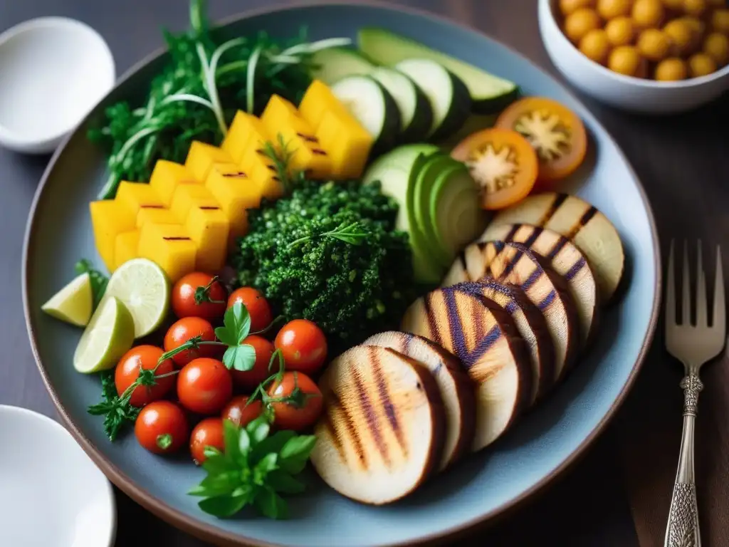 Una mesa elegante con una colorida comida vegana sin alérgenos, rodeada de hierbas frescas y vegetales