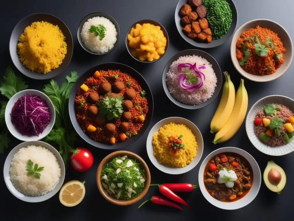 Una mesa elegante con una colorida selección de platillos veganos africanos, resaltando sabores y colores