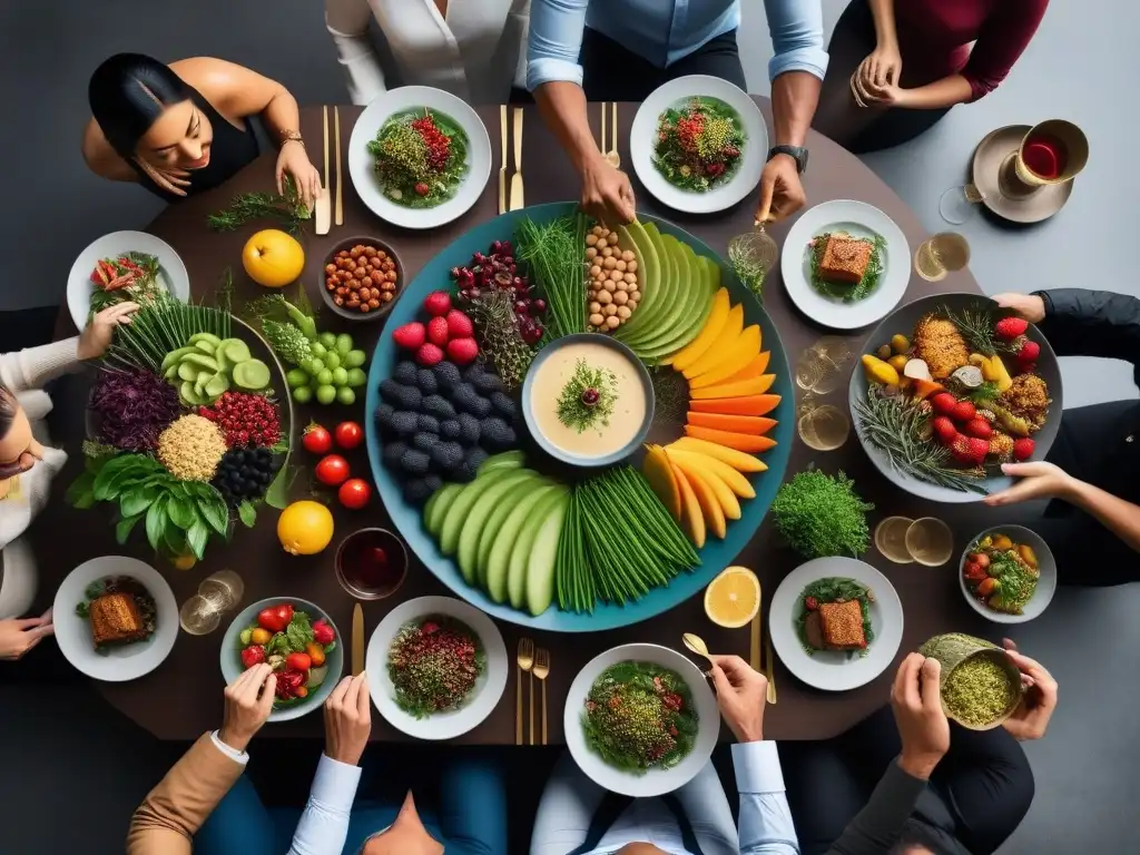 Una mesa elegante con comida vegana, frutas y verduras frescas, creando un ambiente moderno y vibrante