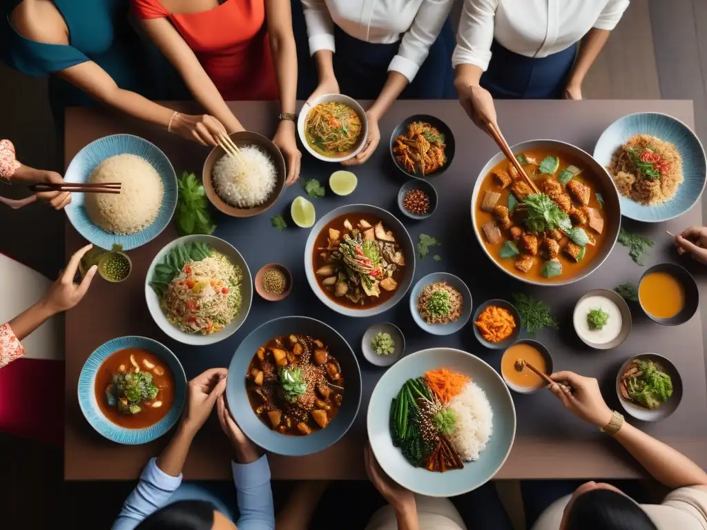 Una mesa elegante con comida vegana inspirada en Asia y personas de diferentes etnias disfrutando juntas