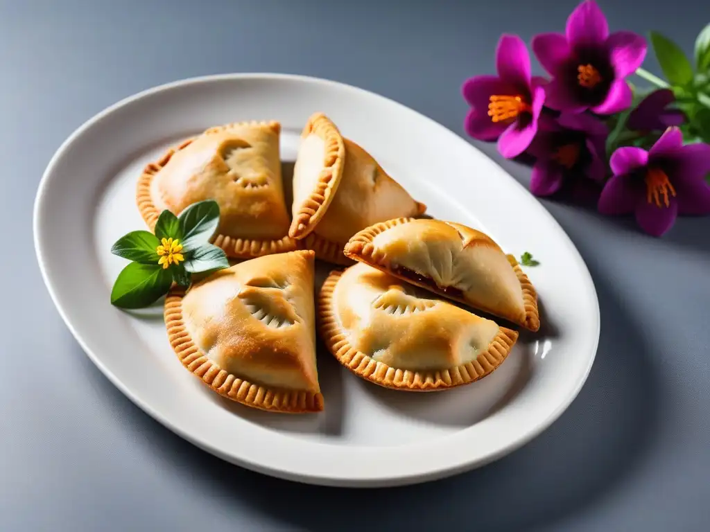 Una mesa elegante con empanadas veganas sin gluten internacionales bellamente decoradas con hierbas frescas y flores comestibles