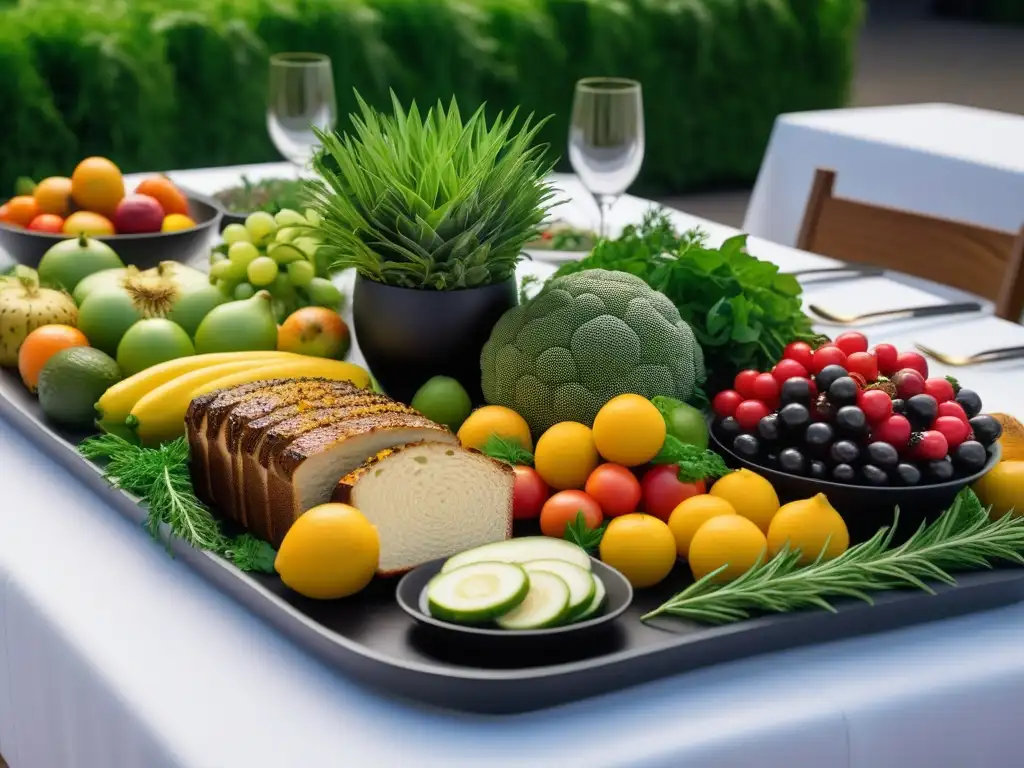 Una mesa elegante en un evento vegano, con platos coloridos y presentación artística