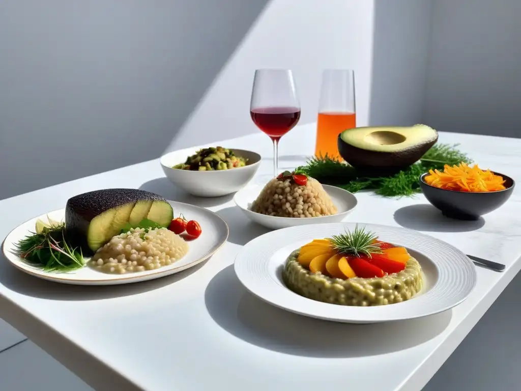 Una mesa elegante con exquisitas recetas veganas gourmet fáciles, acompañadas de modernas bebidas veganas en un ambiente lujoso y acogedor