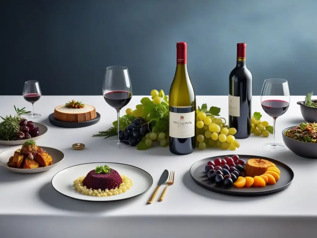 Una mesa elegante con exquisitos platillos veganos y vinos de Oceanía, ideal para maridaje vinos veganos Oceanía