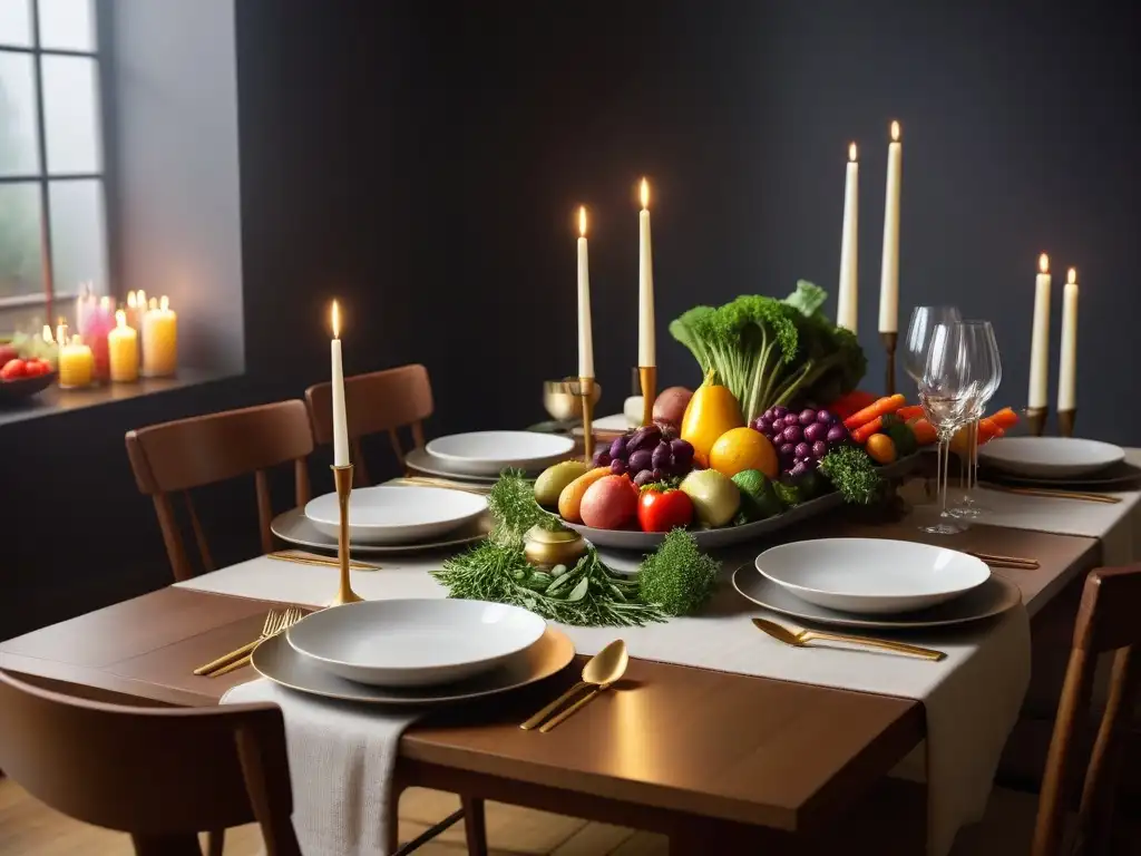 Una mesa elegante lista para cenas veganas comida reconfortante, con vajilla moderna, velas y una colorida decoración de frutas y verduras