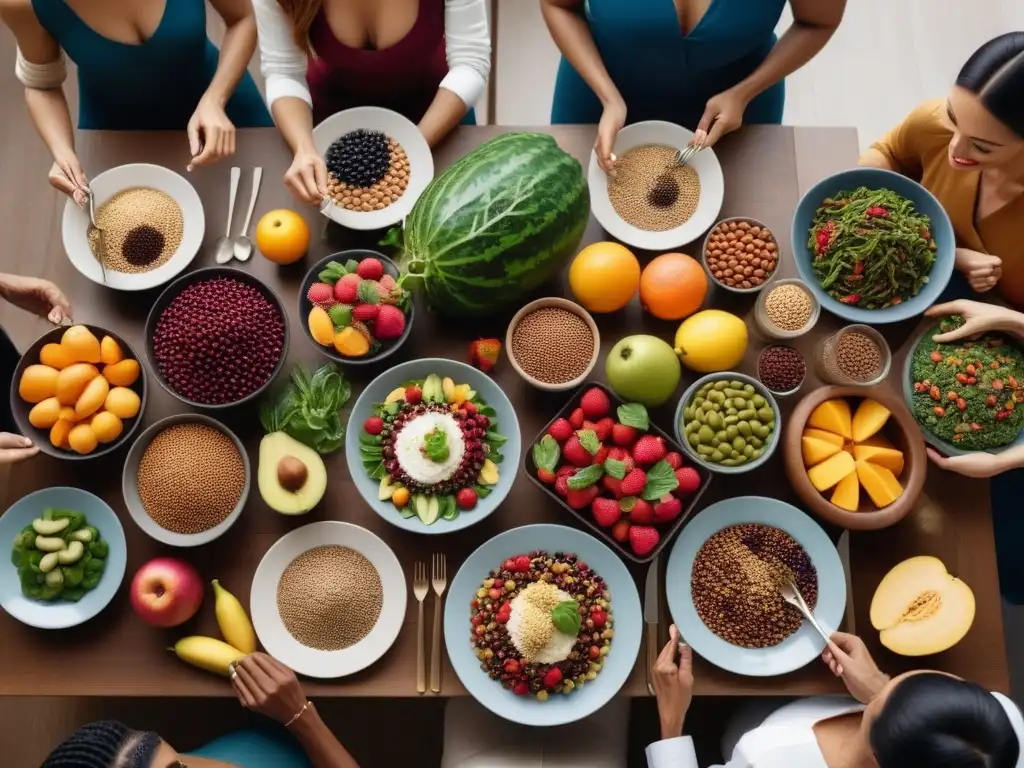 Una mesa elegante llena de alimentos veganos coloridos y nutritivos, iluminada por luz natural