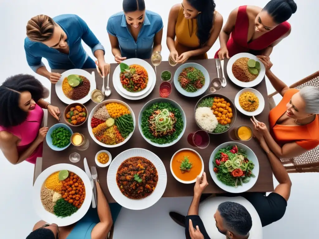 Una mesa elegante llena de platos veganos coloridos y personas sonrientes