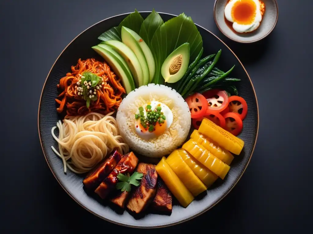 Deliciosa mesa vegana coreana: kimchi jjigae, bibimbap y más Una mesa elegante llena de Platos veganos coreanos deliciosos, como kimchi jjigae y bibimbap, presentados con estilo