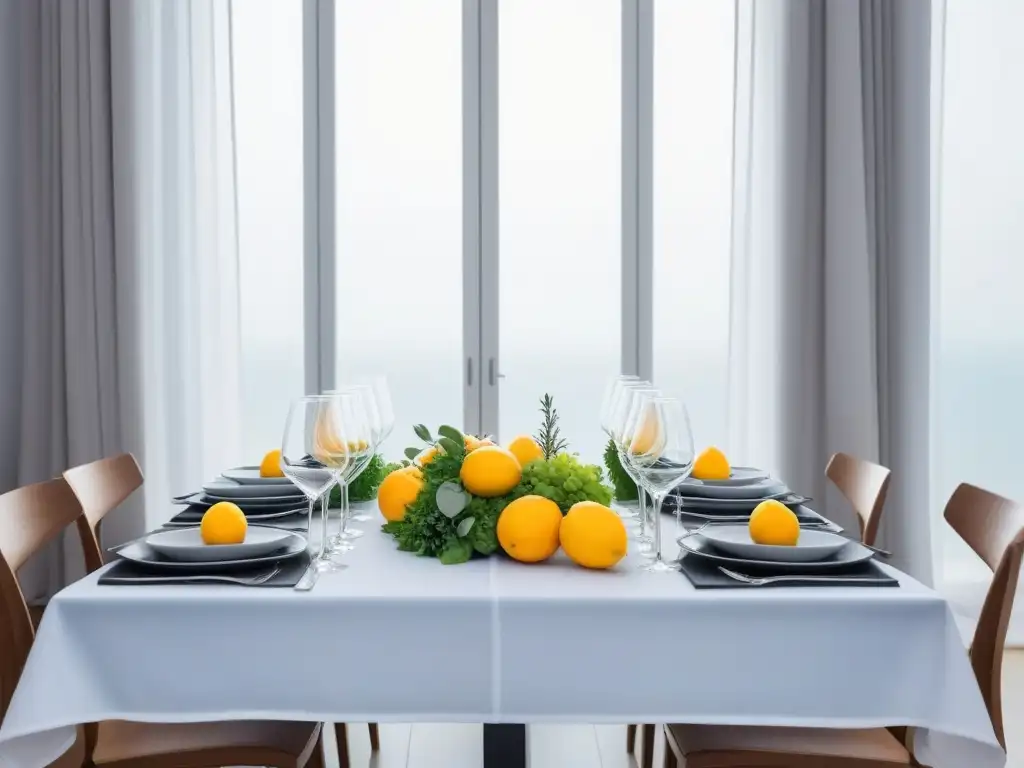 Una mesa elegante con maridajes vinos veganos y cocina vegana, en un comedor minimalista con luz natural