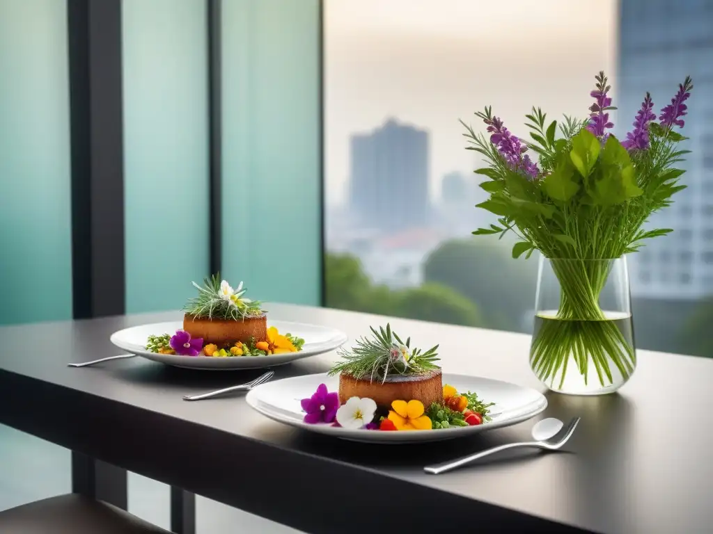 Una mesa elegante con un menú vegano sin aceite, platos coloridos y sofisticados adornados con hierbas frescas y flores comestibles