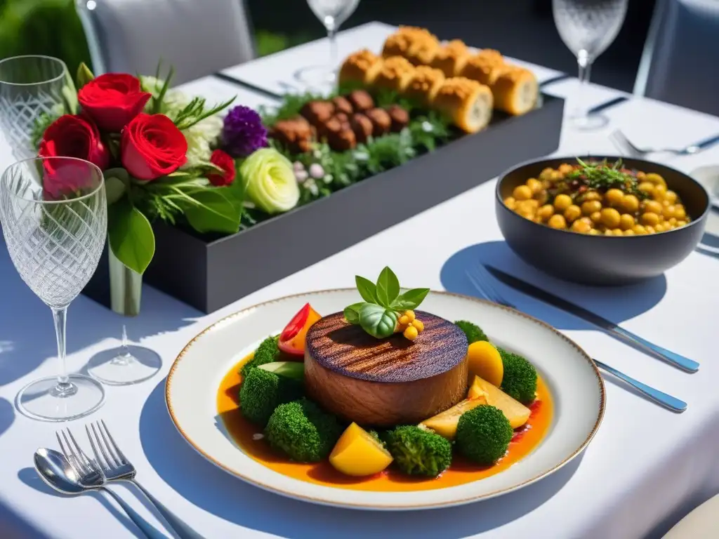 Una mesa elegante con menús veganos para alérgicos en evento sofisticado