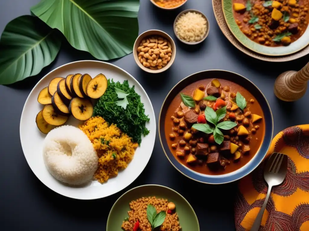 Una mesa elegante con platillos veganos africanos rodeados de decoraciones tradicionales, creando una cena vegana inspirada en África