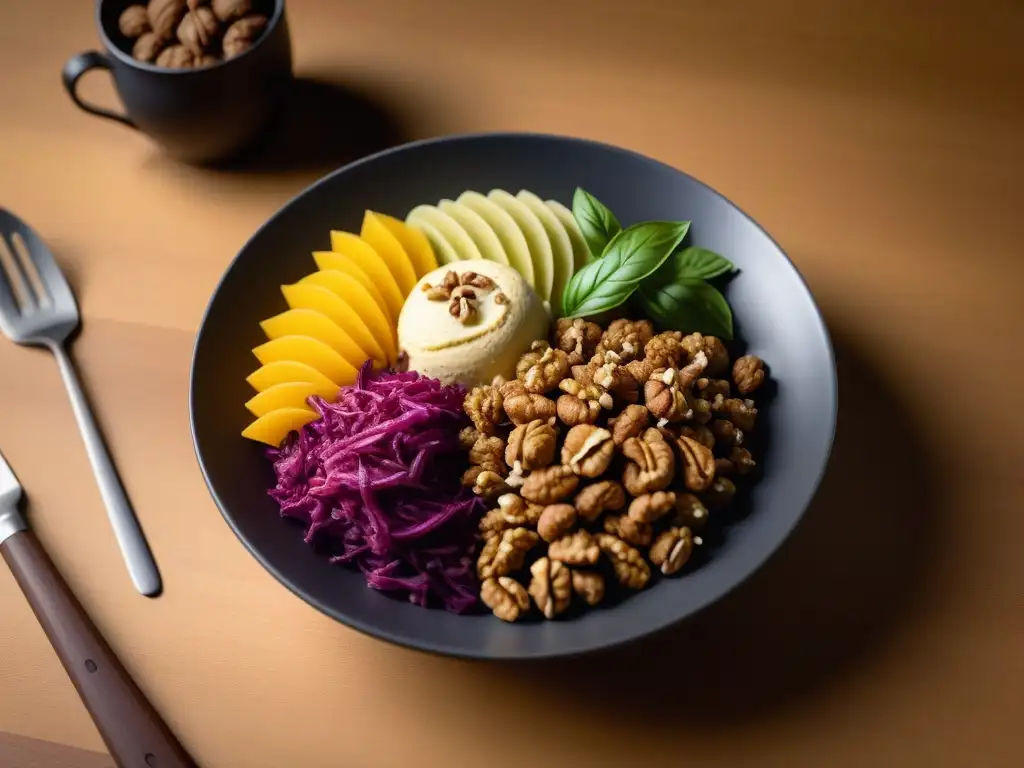 Una mesa elegante con platillos veganos coloridos y nueces como ingrediente principal, resaltando los beneficios de consumir nueces veganas